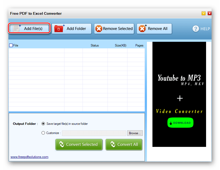 Нажатие на кнопку Add Files в программе Free PDF To XLS Converter