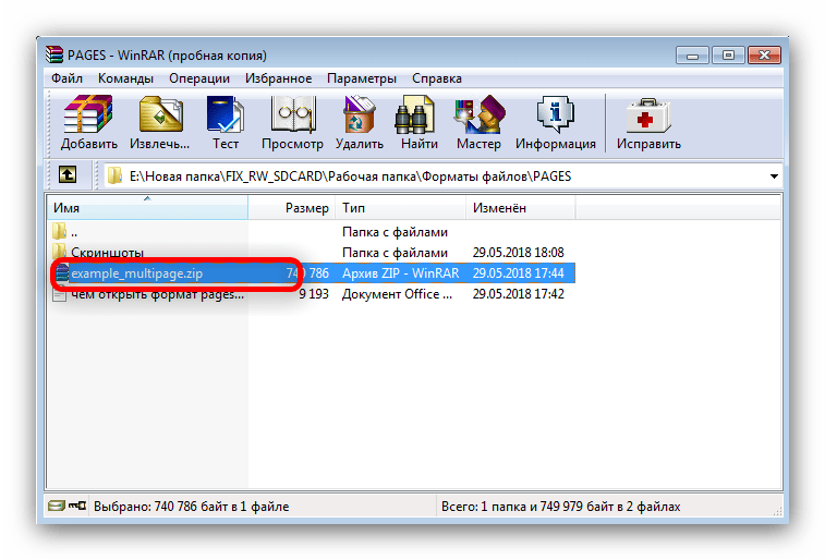 Открыть PAGES-ZIP в архиваторе Winrar