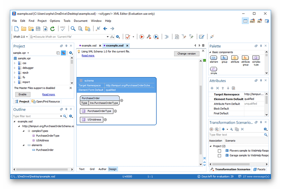 Открытый в Oxygen XML Editor файл XSD