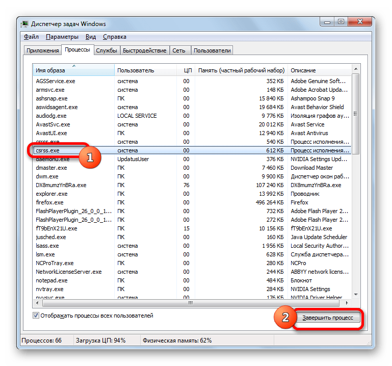 Заершение фальшивого процесса CSRSS.EXE в Диспетчере задач