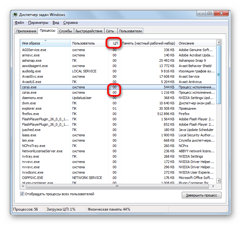 Отображение нагрузки на центральный процессор процесса CSRSS.EXE в Диспетчере задач