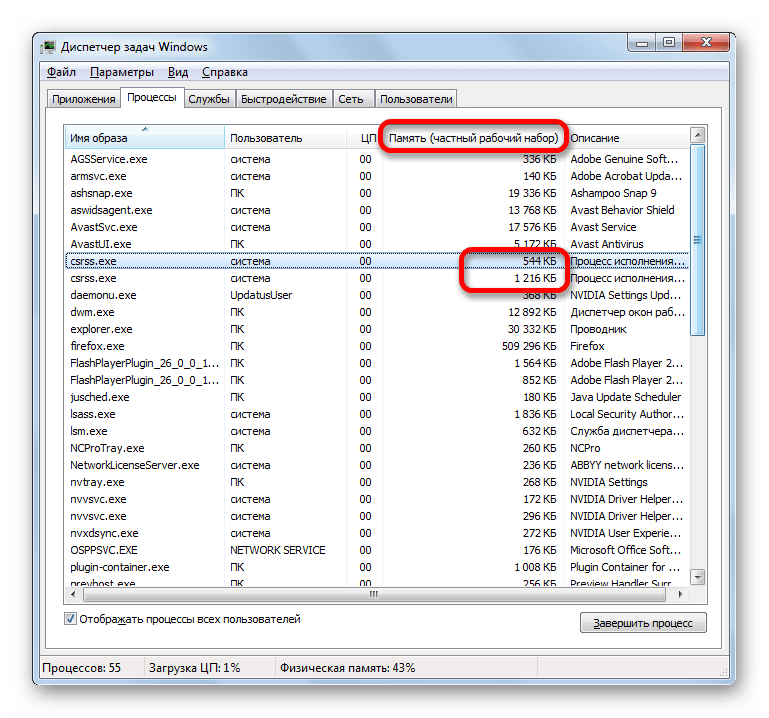 Отображение занимаемой процессом CSRSS.EXE оперативной памяти в Диспетчере задач