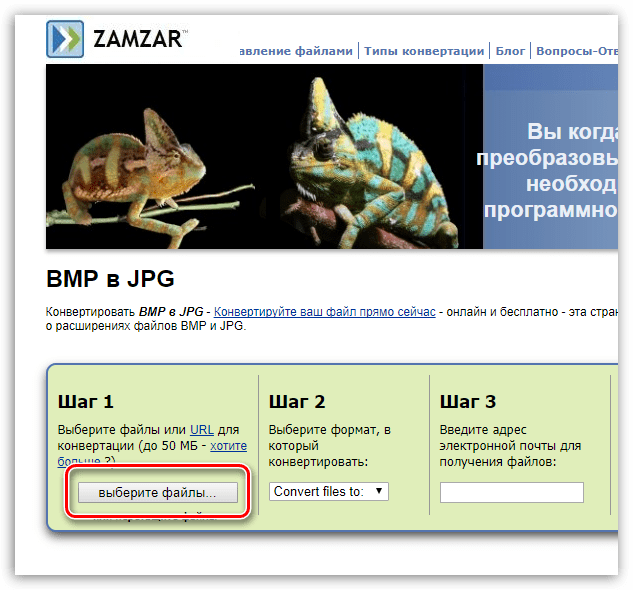 Выбор файла в онлайн-сервисе Zamzar