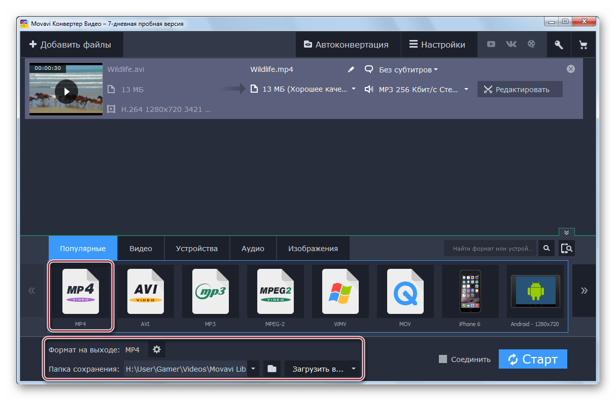 открытый файл в Movavi Video Converter