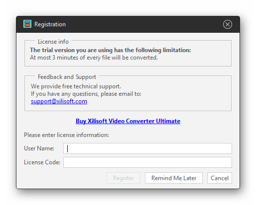 Предупреждение Xilisoft Video Converter Ultimate