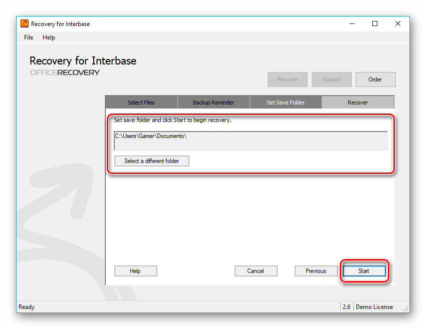 старт восстановления в Recovery for Interbase