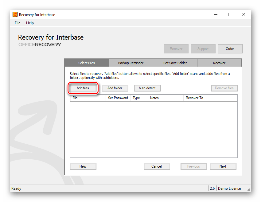 переход к выбору файла в Recovery for Interbase