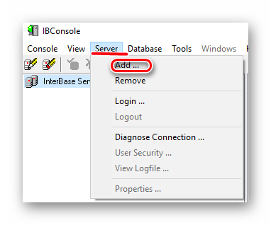 меню добавления нового сервера в InterBase
