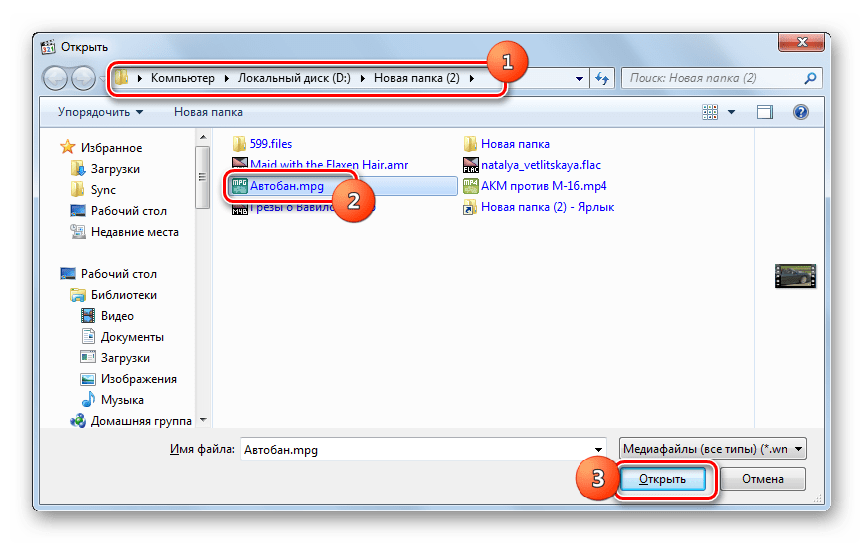 Открытие видеофайла mpg в окне открытия файла в программе Media Player Classic