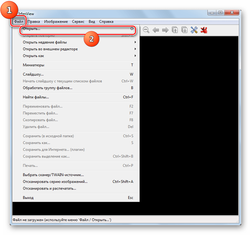 Переход в окно открытия файла через верхнее горизонтальное меню в программе IrfanView