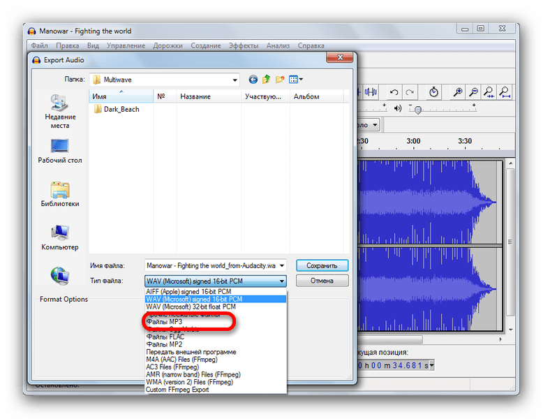 Выбор формата сохранения измененной записи в Audacity