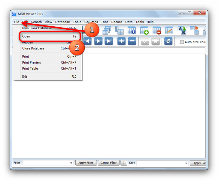 Выбрать Файл и Открыть в MDB Viewer Plus