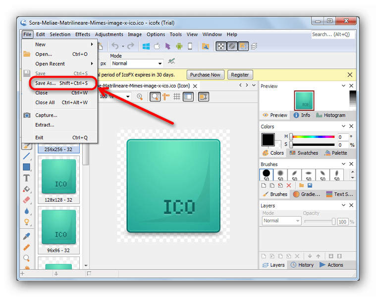 Сохранить как в IcoFX