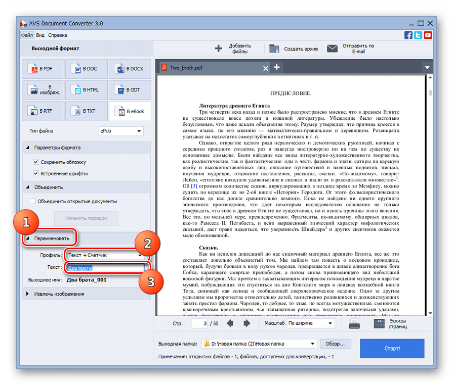 Блок настроек Переименовать в программе AVS Document Converter