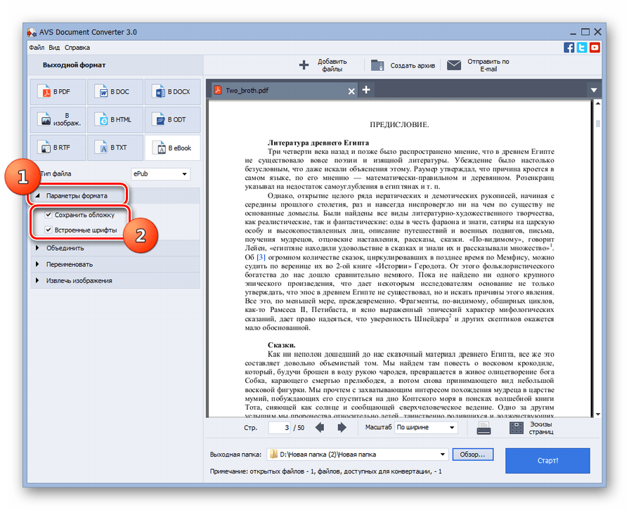 Блок настроек параметры формата в программе AVS Document Converter