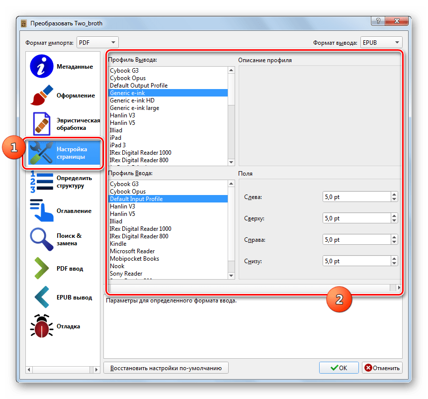 Раздел Настройка страницы окна настроек конвертирования в программе Calibre