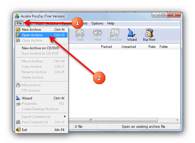 Первый способ открыть файл в PicoZip