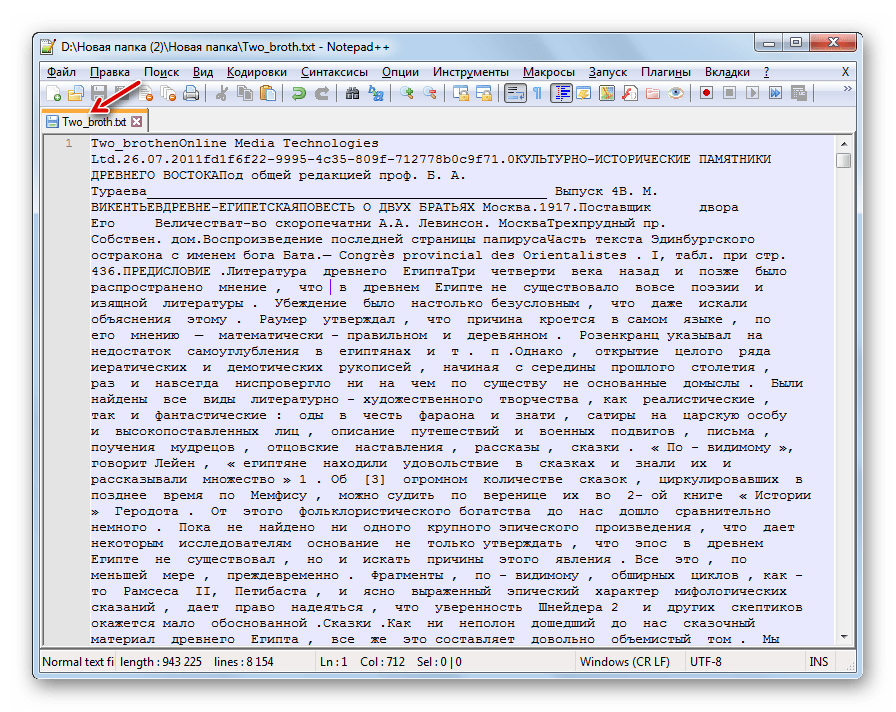 Текстовый файл сохранен в формате TXT в программе Notepad++