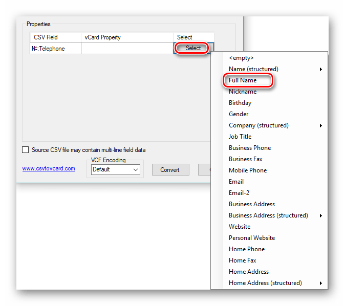 настройка свойств выходного файла в CSV to vCard