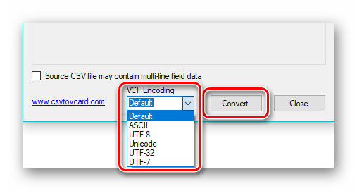 выбор кодировки и начало конвертации в CSV to vCard