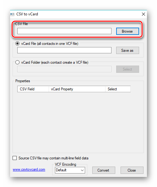 импортирование файла в CSV to vCard