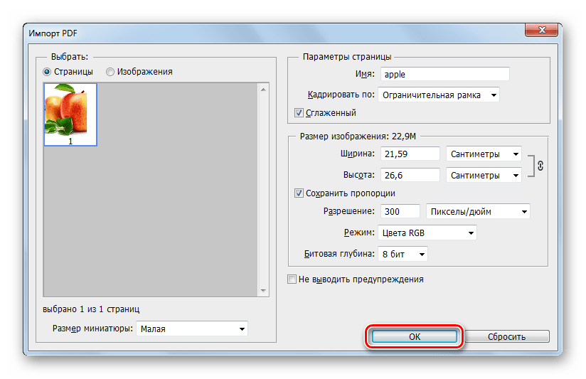 Окно импорт PDF в программе Adobe Photoshop