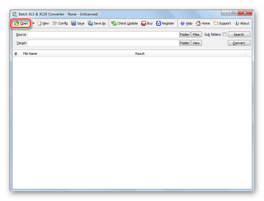 Переход в окно открытия файлов через кнопку на панели инструментов в программе Batch XLS and XLSX Converter