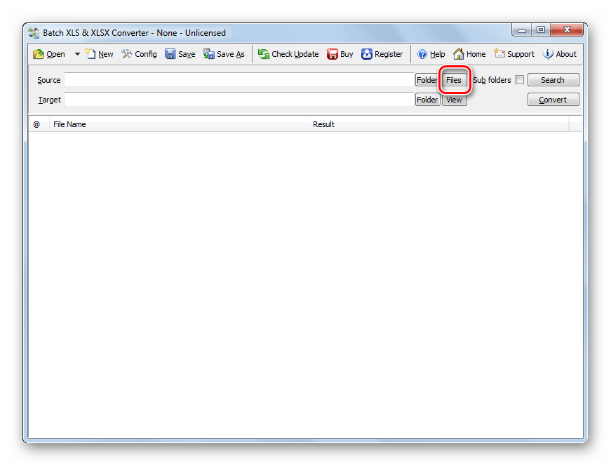 Переход в окно открытия файлов в программе Batch XLS and XLSX Converter