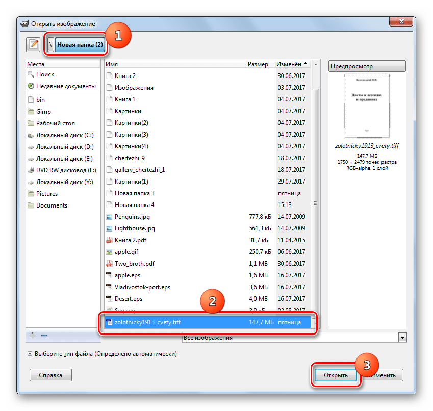 Окно открытия изображения в программе Gimp
