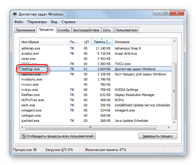 Процесс TASKMGR.EXE в списке процессов в Диспетчере задач