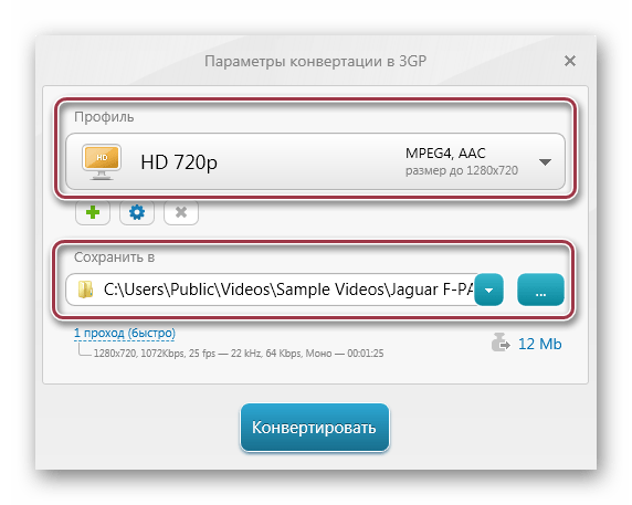 Параметры конвертации в 3GP в Freemake Video Converter