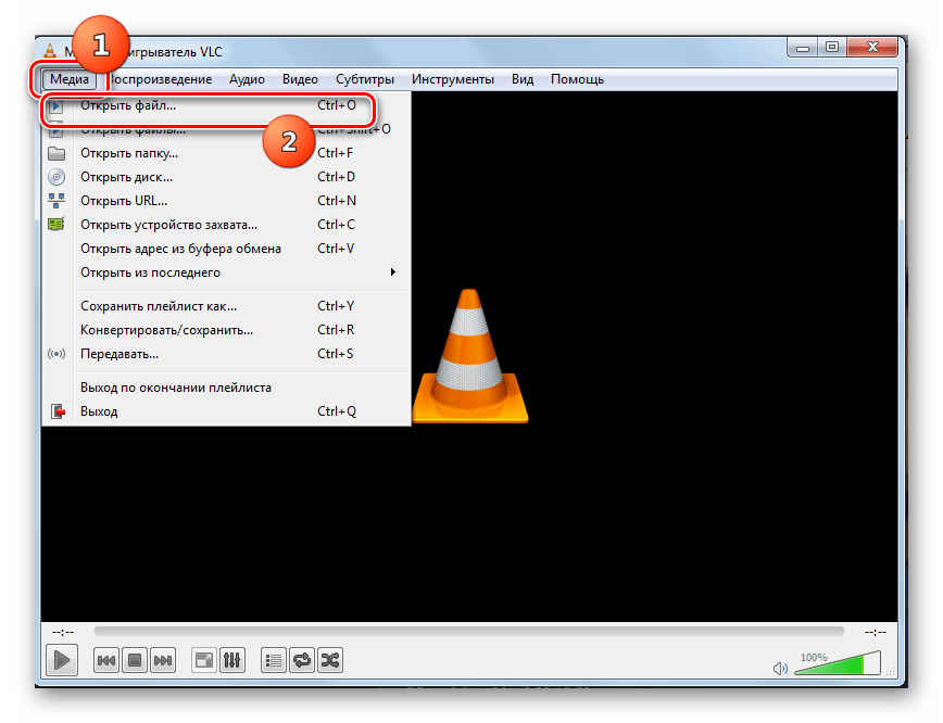 Переход в окно открытия файла в программе VLC Media Player