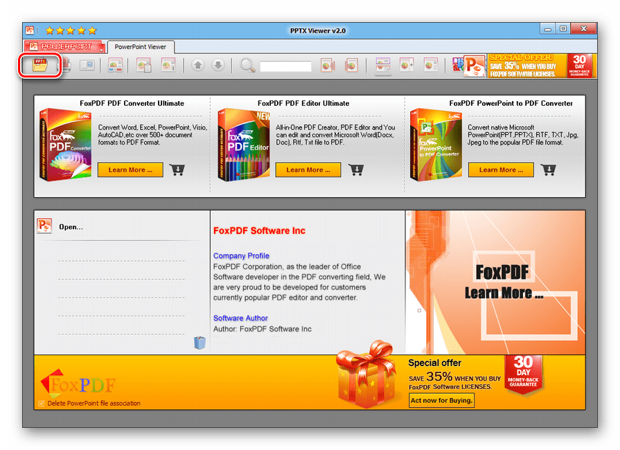 Переход в окно открытия файла через значок на панели инструментов в программе PPTX Viewer