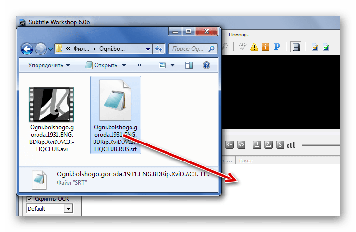 Перетаскивание SRT в Subtitle Workshop