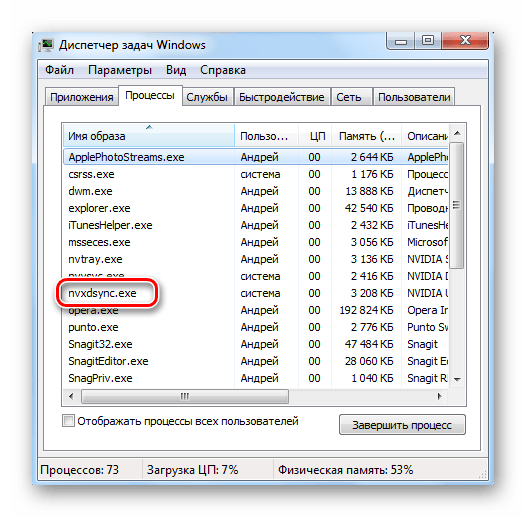 Процесс NVXDSYNC.EXE в Диспетчере задач