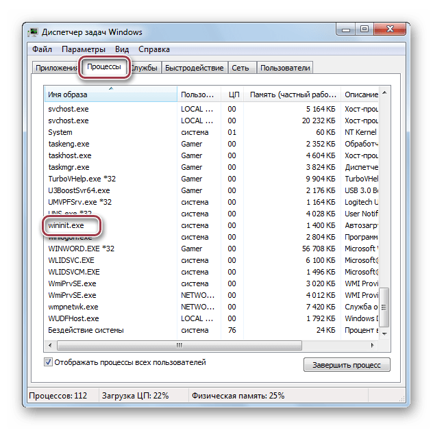 Сведения о процессе wininit