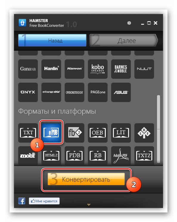 Выбор формата ePub в блоке форматы и платформы в программе Hamster Free BookConverter