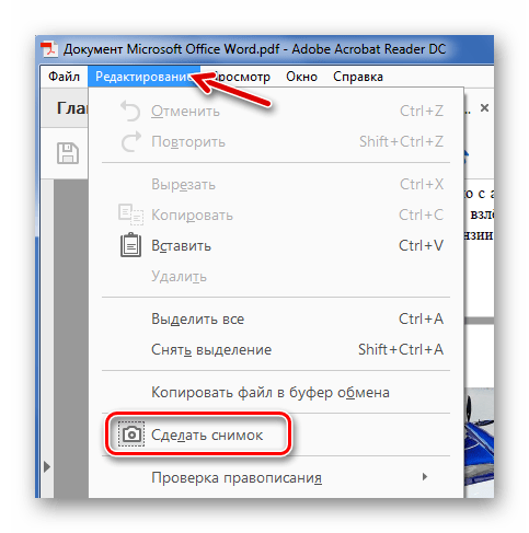 Выбор инструмента Сделать снимок в Adobe Reader