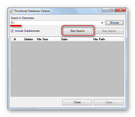 Запуск поиска файловThumbs.db в программе Thumbnail Database Cleaner