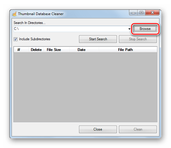 Переход к выбору директории в программе Thumbnail Database Cleaner
