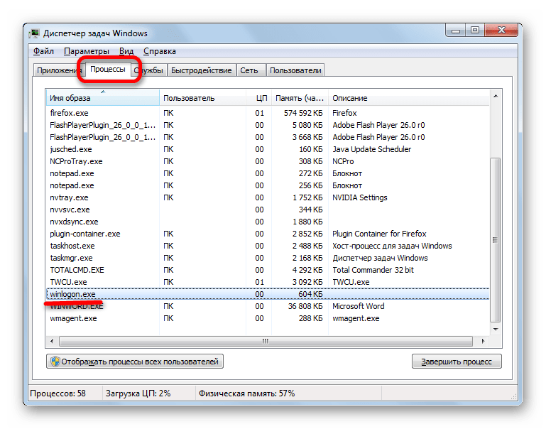Процесс WINLOGON.EXE в Диспетчере задач Windows