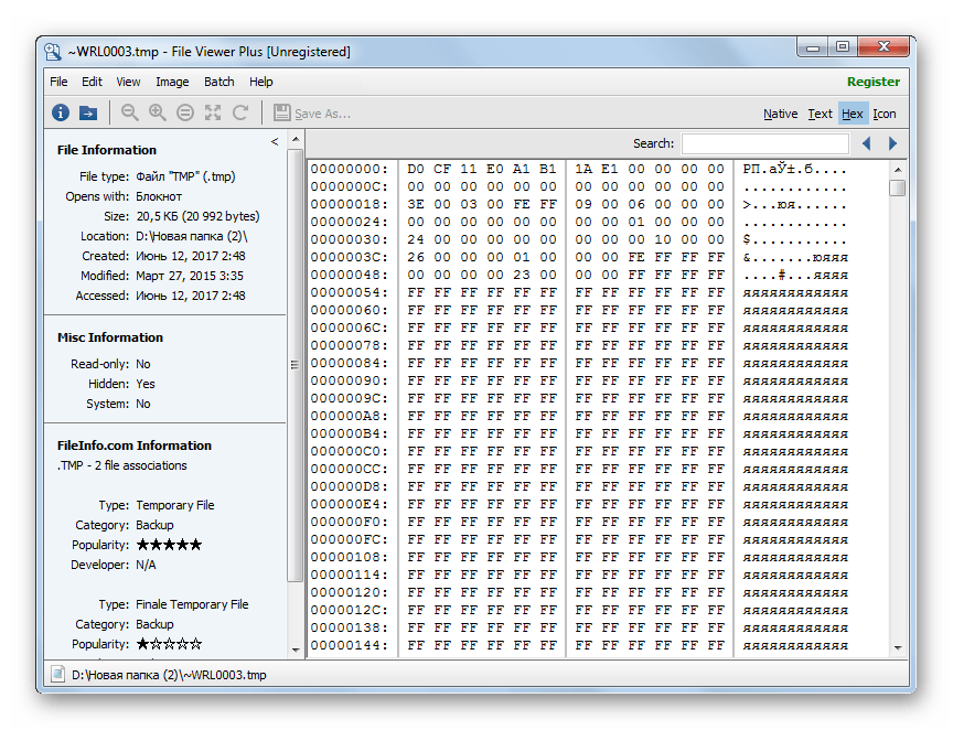 Просмотру шестнадцатеричного кода файла TMP в File Viewer Plus