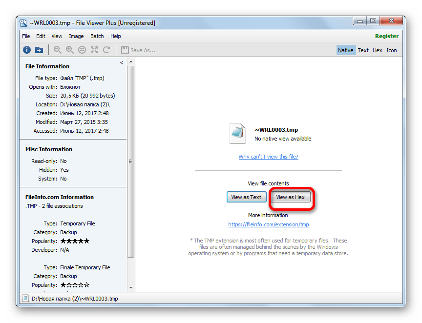 Переход к просмотру шестнадцатеричного кода файла TMP в File Viewer Plus