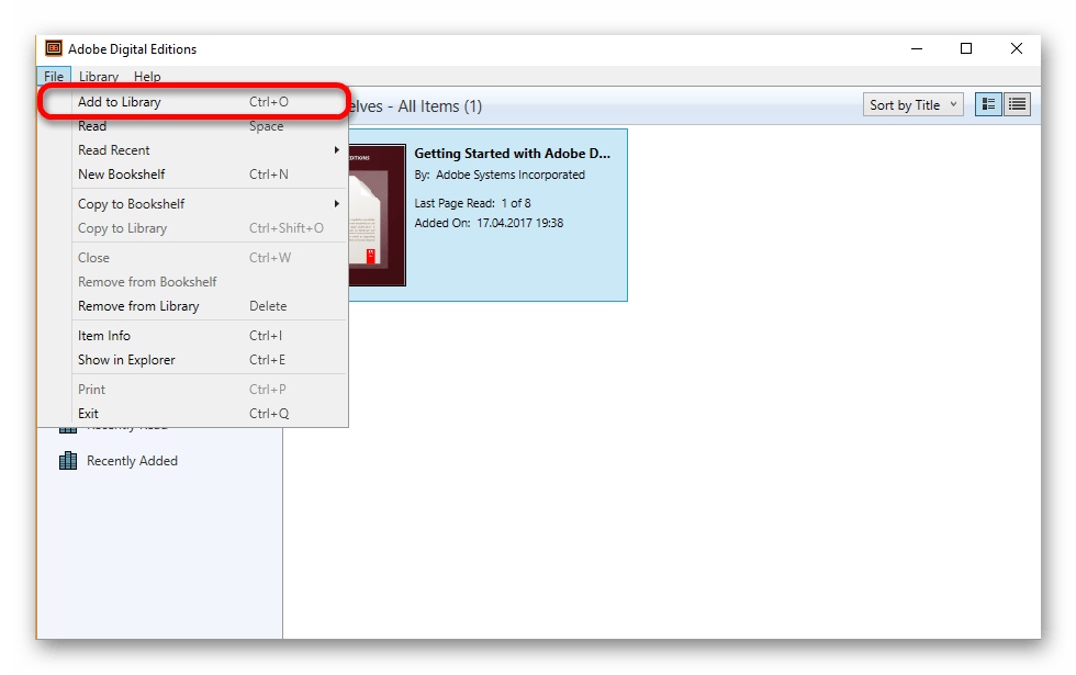 Добавить в библиотеку в Adobe Digital Editions