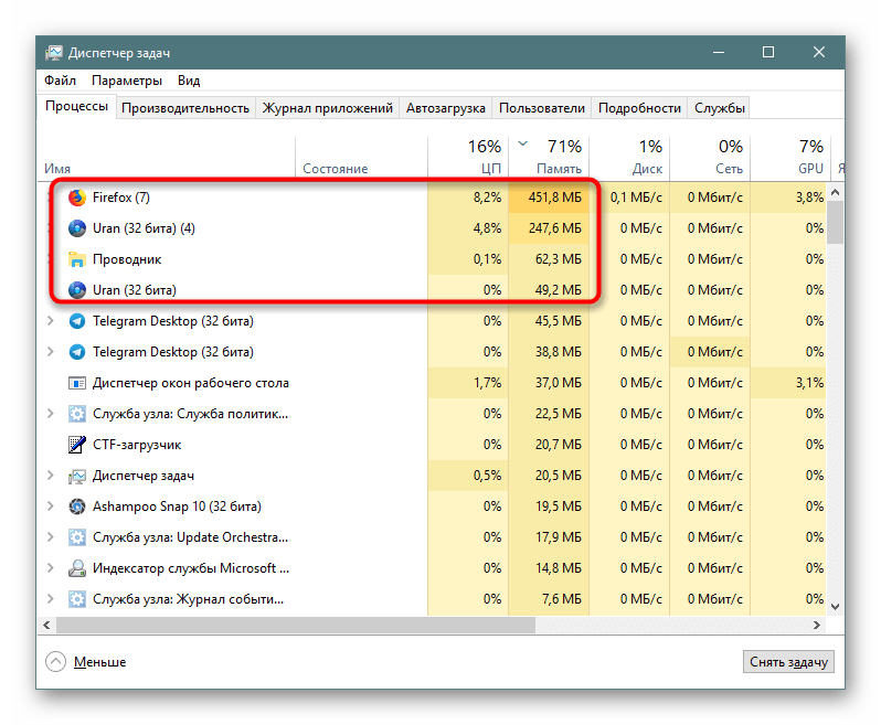 Потребление ресурсов браузером Uran в сравнении с Mozilla Firefox в Диспетчере задач