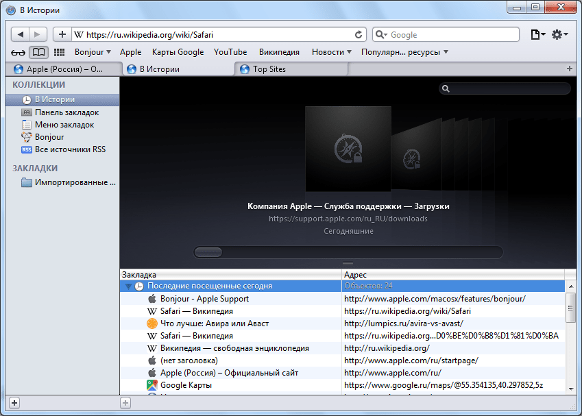 История в браузере Safari