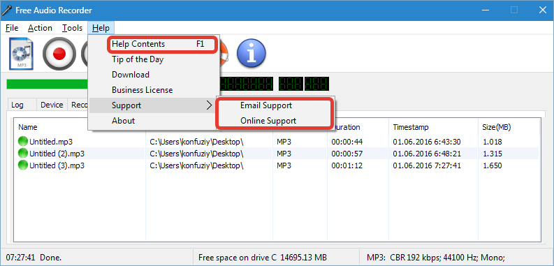 Справка и поддержка Free Audio Recorder (3)
