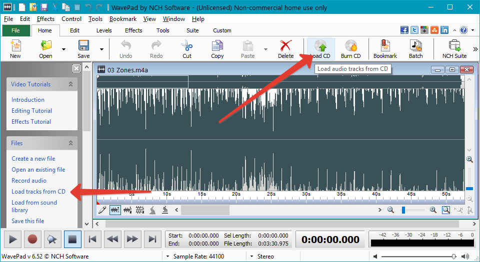 Копирование с CD в WavePad Sound Editor