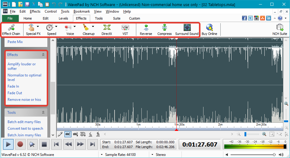 Обработка эффектами в WavePad Sound Editor