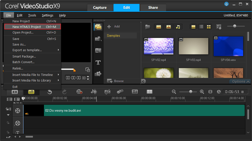 Новый HTML5 проект в программе Corel VideoStudio